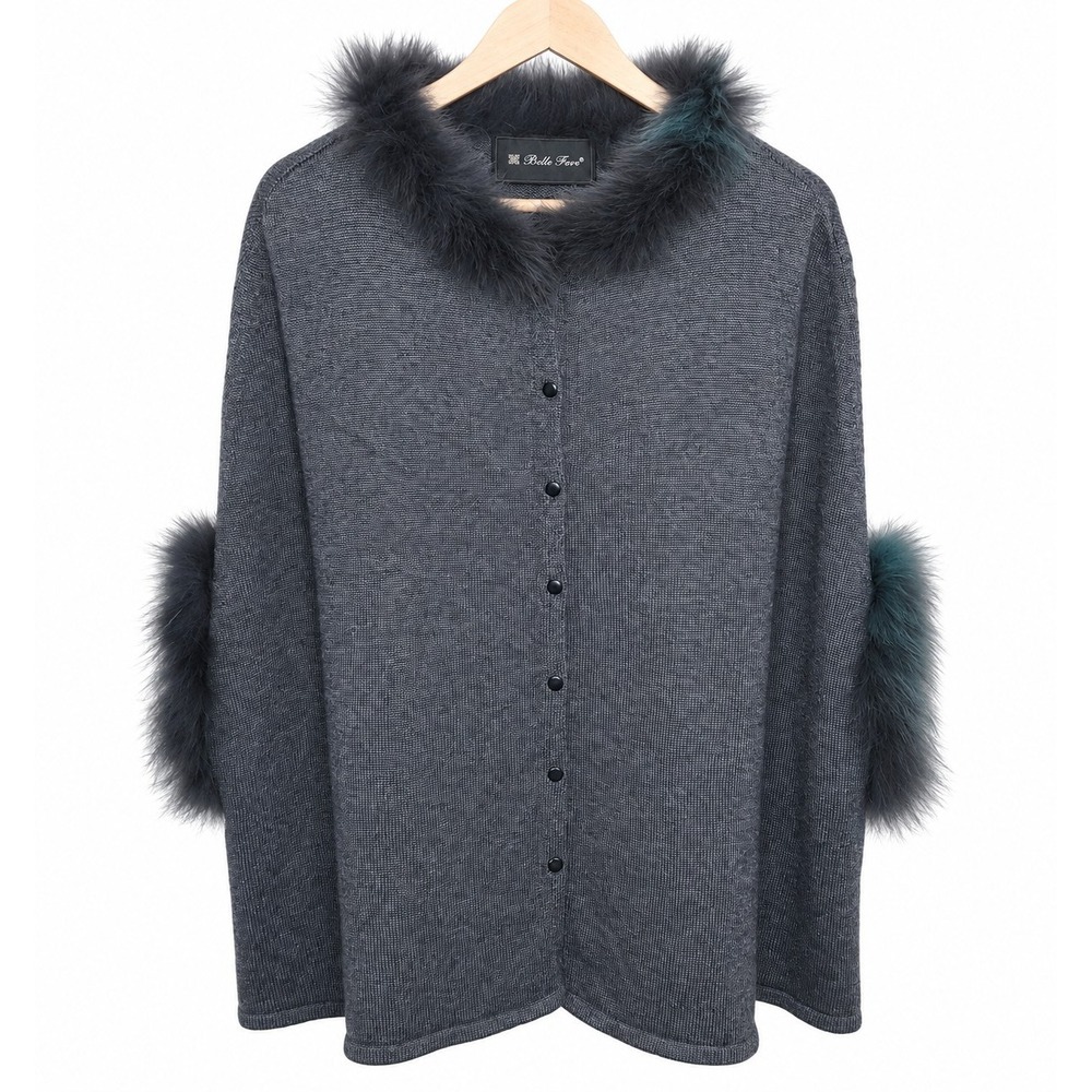 BELLE FARE Charcoal Gray Wool Blend Knit Poncho Cape Real Dyed Fox Fur Trim OS